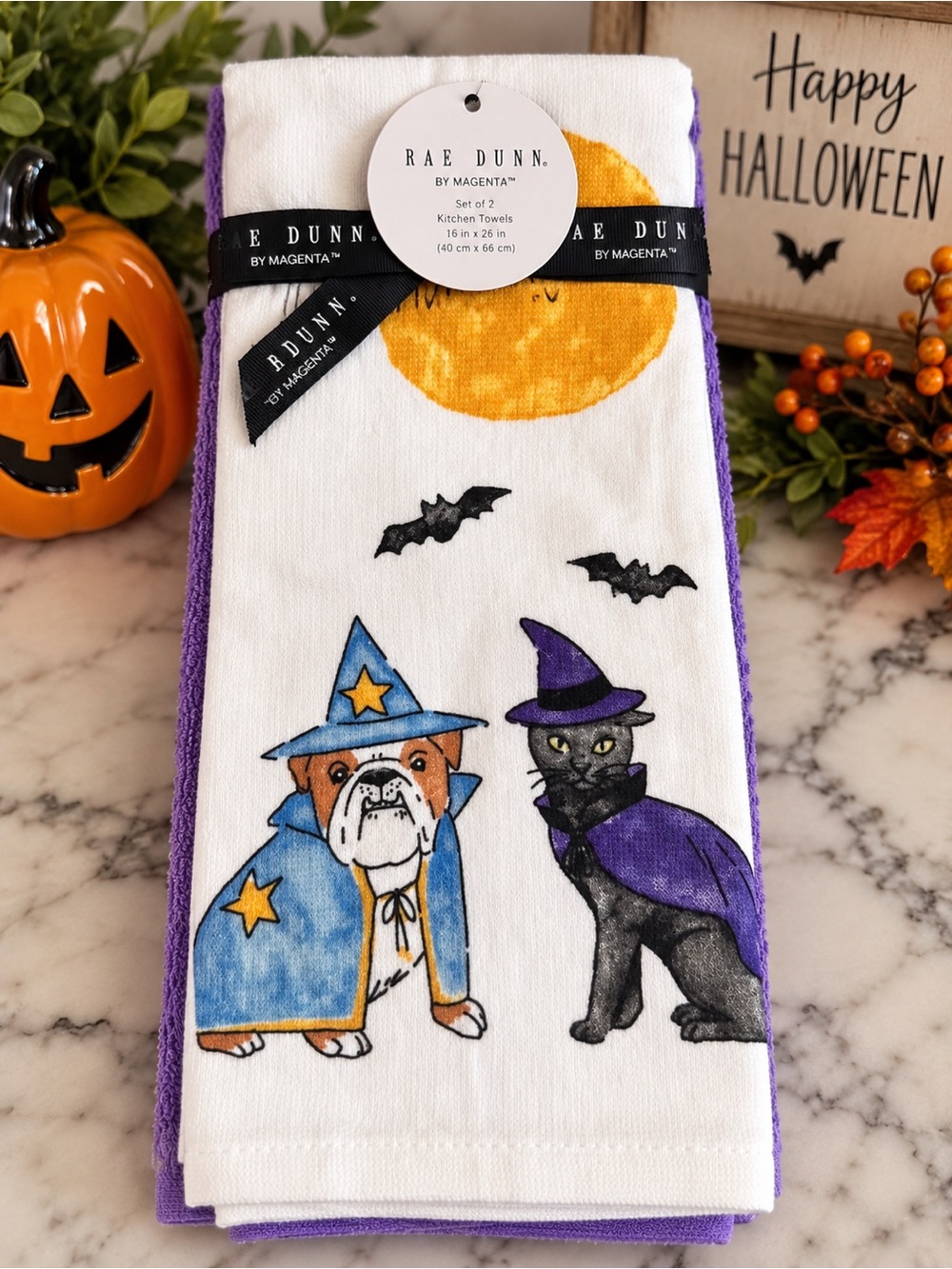 Rae Dunn Purple & White Halloween Towels with Dog and Cat Wizards